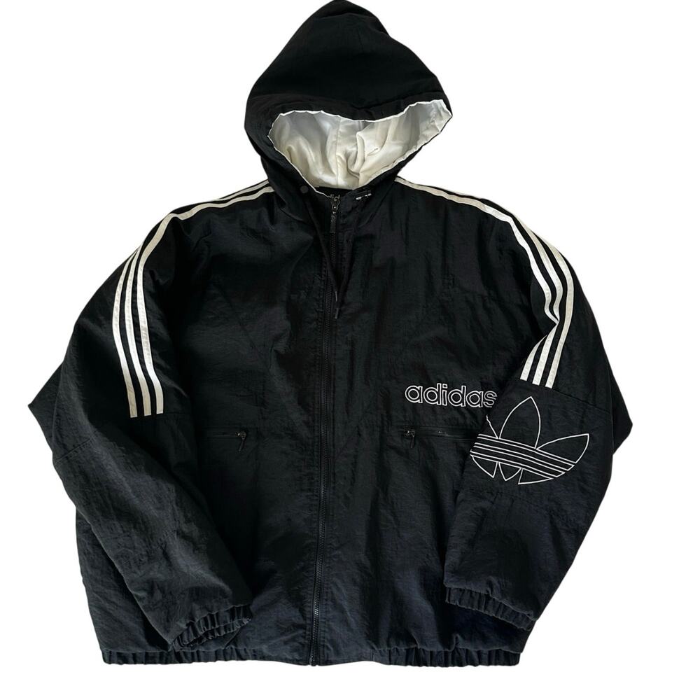 Vintage Adidas Men’s Large Black Puffer Jacket Trefoil Hooded 90s